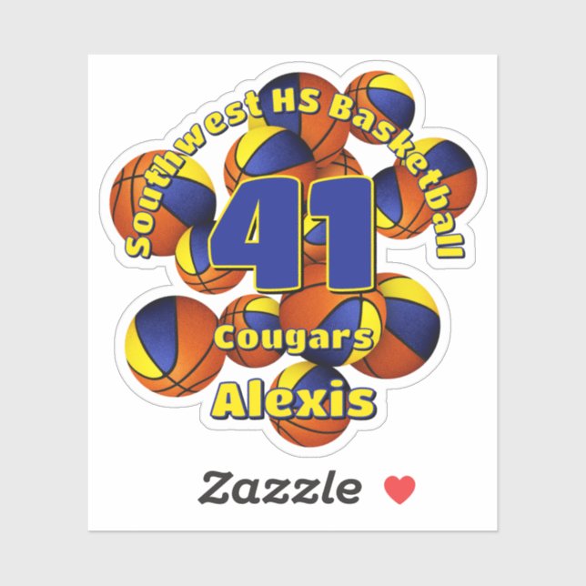 blue gold team colors basketballs kids name sticker (Sheet)