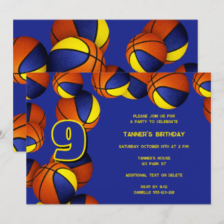 blue gold team colors basketballs kids party invitation
