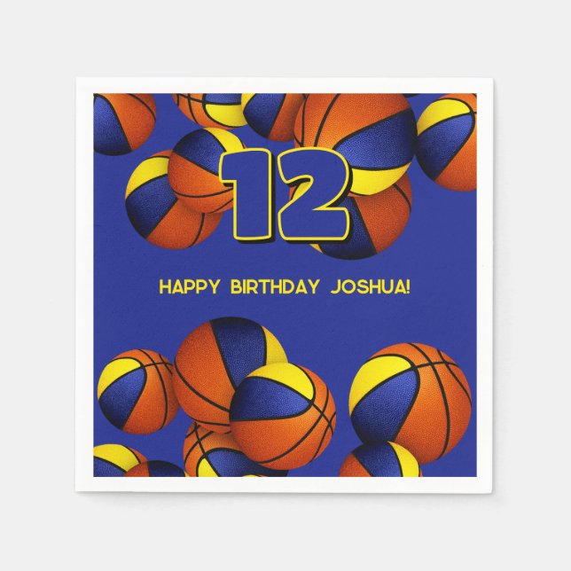 blue gold team colors basketballs sports party napkins (Front)