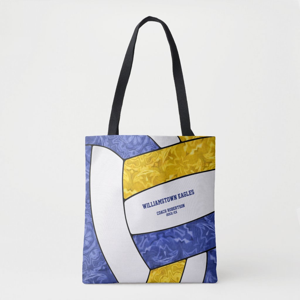 blue gold team colors girls volleyball coach tote bag