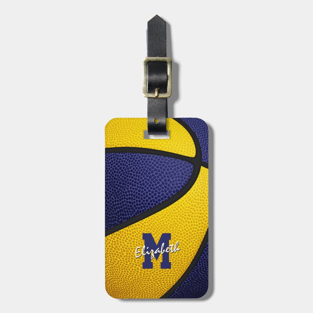 blue gold team colors monogrammed basketball luggage tag