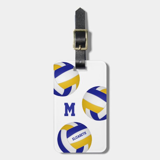 blue gold team colors monogrammed volleyball bag luggage tag