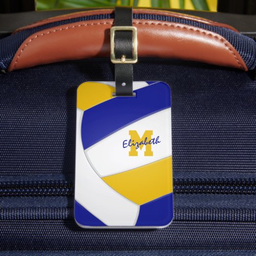 blue gold team colors monogrammed volleyball luggage tag