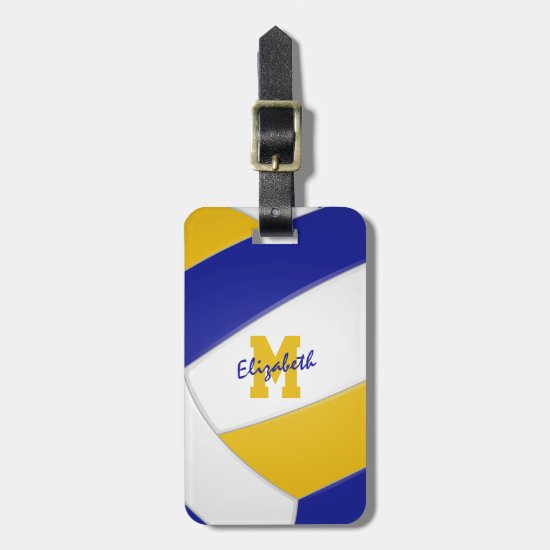 blue gold team colors monogrammed volleyball luggage tag