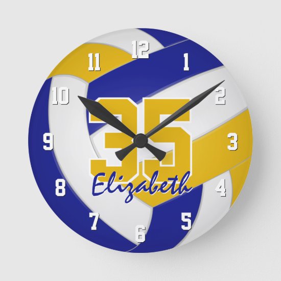 blue gold team colors personalized volleyball round clock