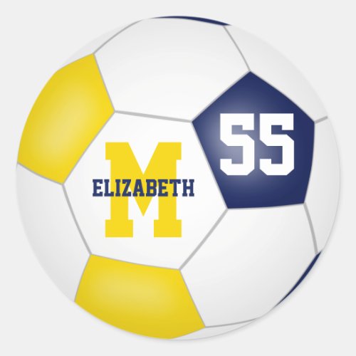 blue gold team colors soccer ball personalized classic round sticker