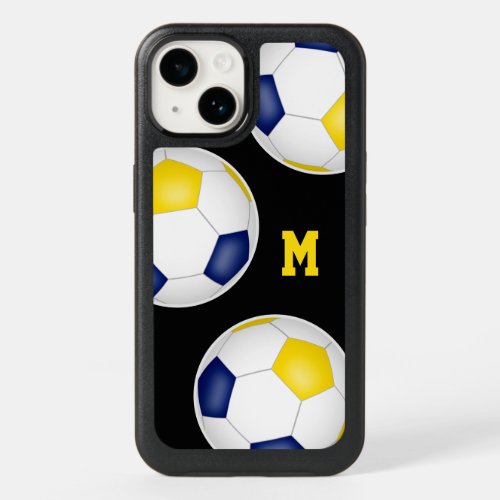 blue gold team colors soccer balls monogrammed OtterBox iPhone 14 case