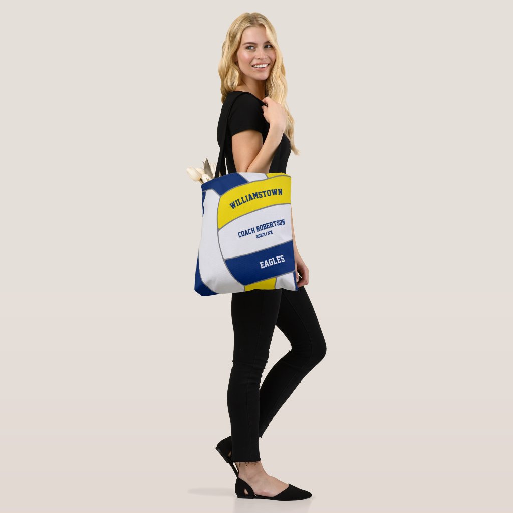 blue gold team colors volleyball athlete coach tote bag