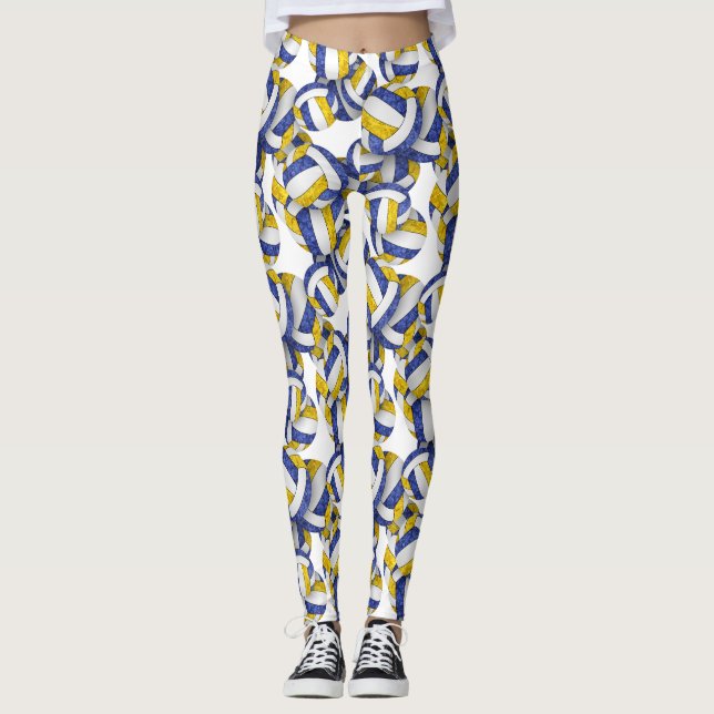 blue gold team colors volleyballs pattern leggings (Front)