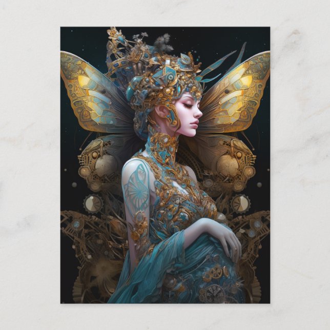 Blue Gold Techno Butterfly Woman Fantasy Art Postcard (Front)