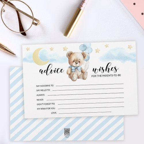 Blue gold teddy bear baby shower advice wish cards