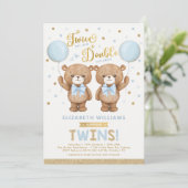 Blue Gold Teddy Bear Balloon Twin Boys Baby Shower Invitation (Standing Front)