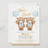 Blue Gold Teddy Bear Balloon Twin Boys Baby Shower Invitation (Front)