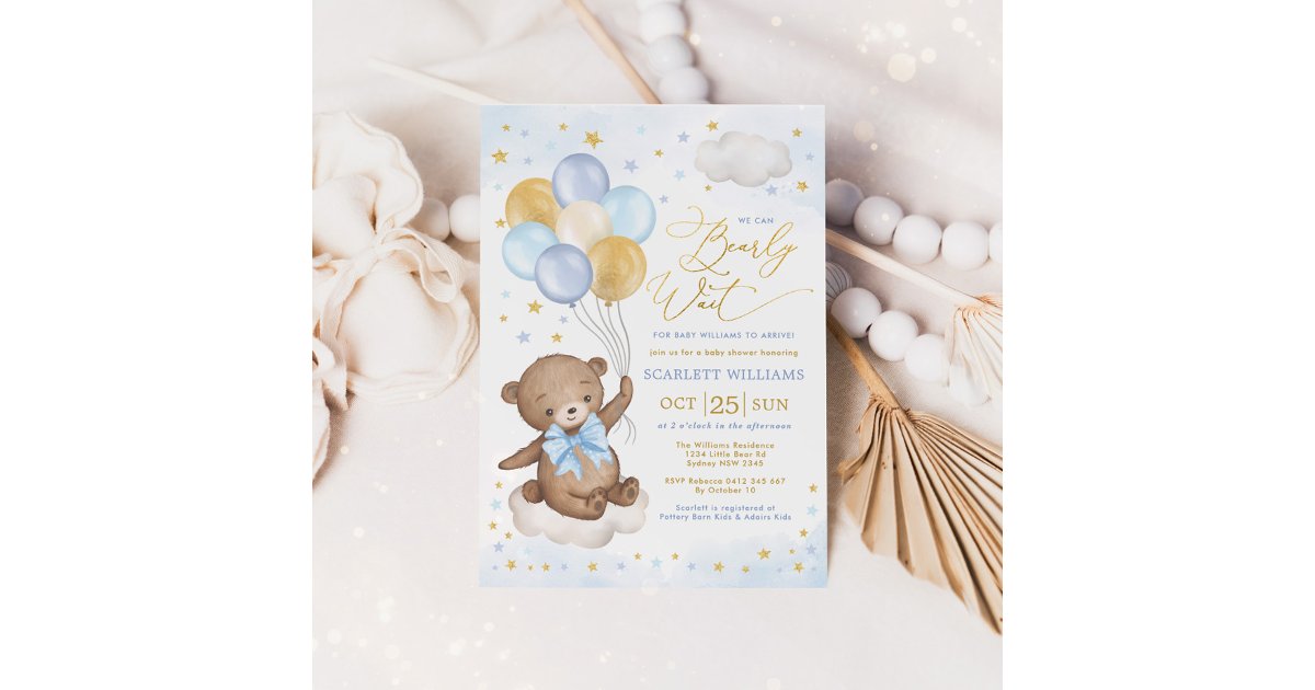 Blue Gold Teddy Bear Balloons Boy Baby Shower Invi Invitation | Zazzle