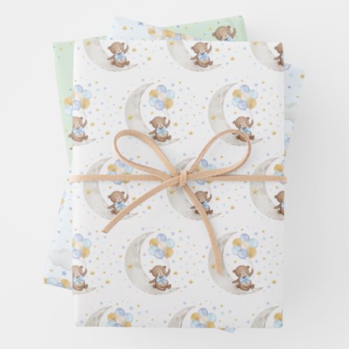 Blue Gold Teddy Bear Balloons Moon Stars Party Wrapping Paper Sheets