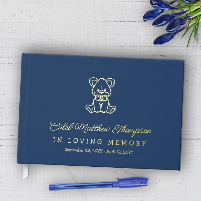 Blue Gold Teddy Bear Boy In Loving Memory Foil Guest Book (Creator Uploaded)