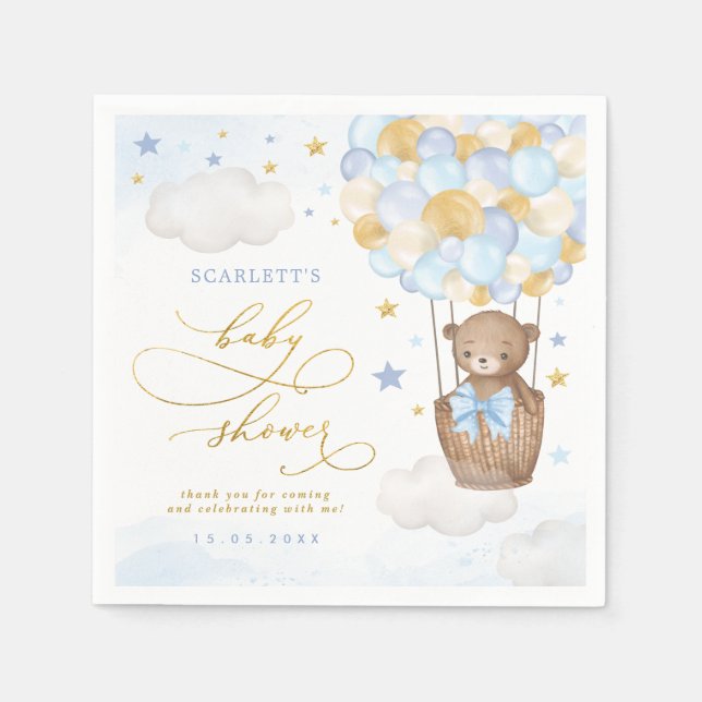 Blue Gold Teddy Bear Hot Air Balloon Baby Boy Napkins (Front)