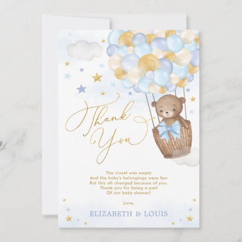 Blue Gold Teddy Bear Hot Air Balloon Baby Boy Thank You Card
