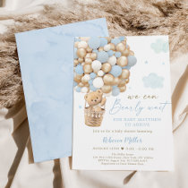 Blue Gold Teddy Bear Hot Air Balloon Baby Shower Invitation