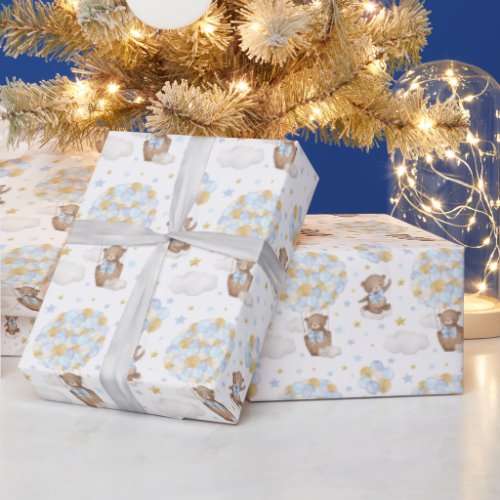 Blue Gold Teddy Bear Hot Air Balloon Clouds Stars Wrapping Paper