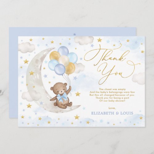Blue Gold Teddy Bear Moon Balloons Clouds Stars Thank You Card