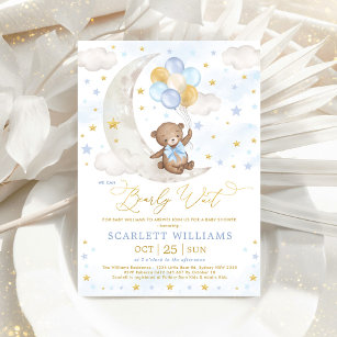 Blue Gold Teddy Bear Moon Stars Baby Boy Shower Invitation