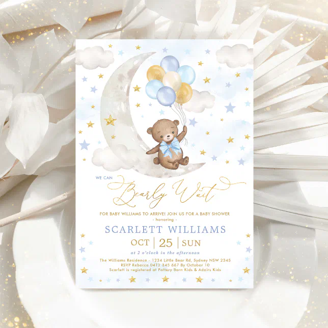 Blue Gold Teddy Bear Moon Stars Baby Boy Shower Invitation | Zazzle