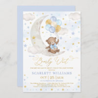 Blue Gold Teddy Bear Moon Stars Baby Boy Shower Invitation