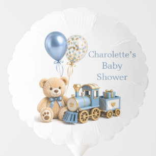 Blue Gold Teddy Bear Train Boy Baby Shower Balloon