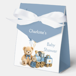 Blue Gold Teddy Bear Train Boy Baby Shower Favor Boxes