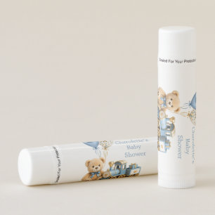 Blue Gold Teddy Bear Train Boy Baby Shower Favor Lip Balm