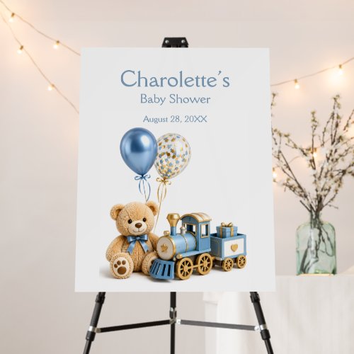 Blue Gold Teddy Bear Train Boy Baby Shower  Foam Board