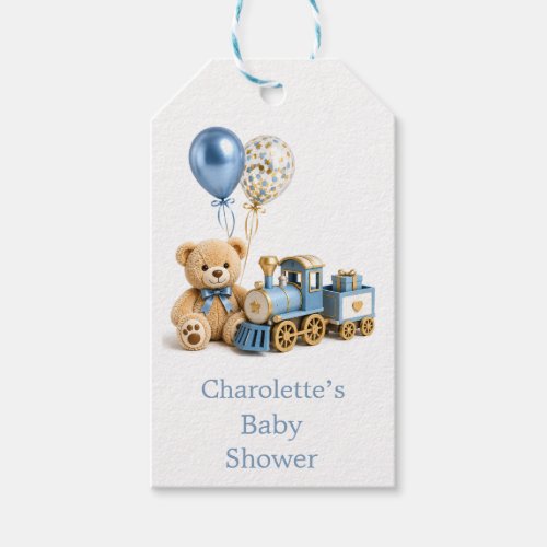 Blue Gold Teddy Bear Train Boy Baby Shower  Gift Tags