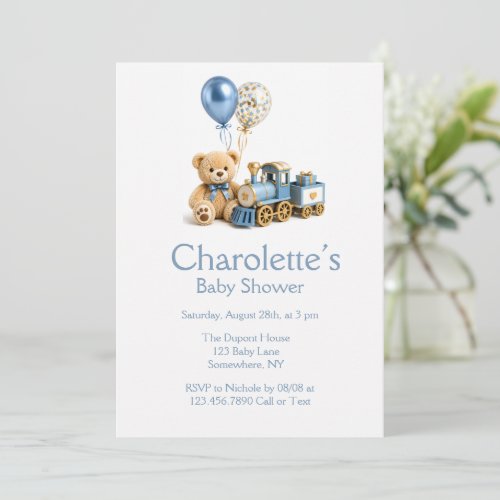 Blue Gold Teddy Bear Train Boy Baby Shower Invitation