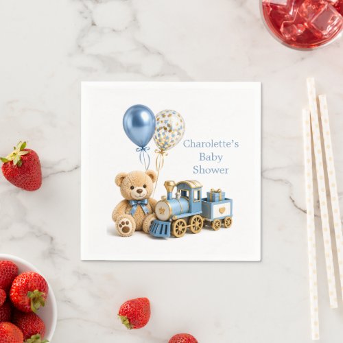 Blue Gold Teddy Bear Train Boy Baby Shower Napkins