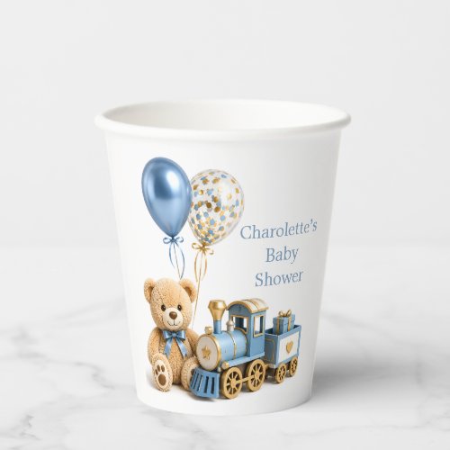 Blue Gold Teddy Bear Train Boy Baby Shower Paper Cups