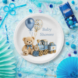 Blue Gold Teddy Bear Train Boy Baby Shower Paper Plates