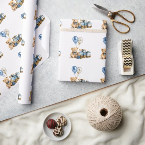 Blue Gold Teddy Bear Train Boy Baby Shower  Wrapping Paper