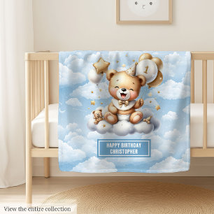 Blue Gold Teddy Bear With Number 1 Birthday Fleece Blanket