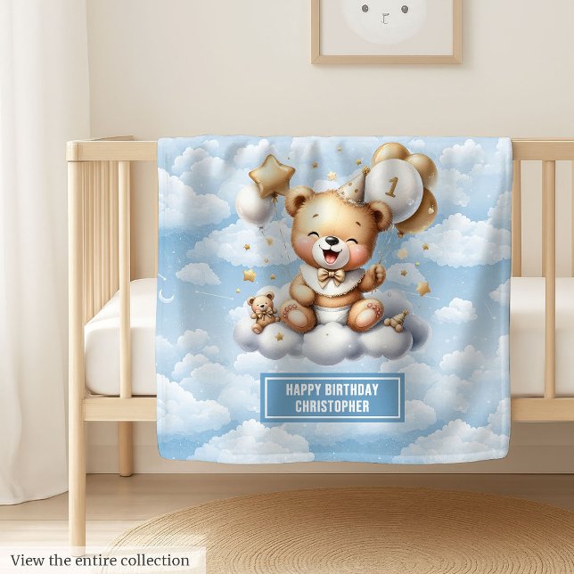 Blue Gold Teddy Bear With Number 1 Birthday  Fleece Blanket (Blue Gold Teddy Bear With Number 1 Birthday Blanket)