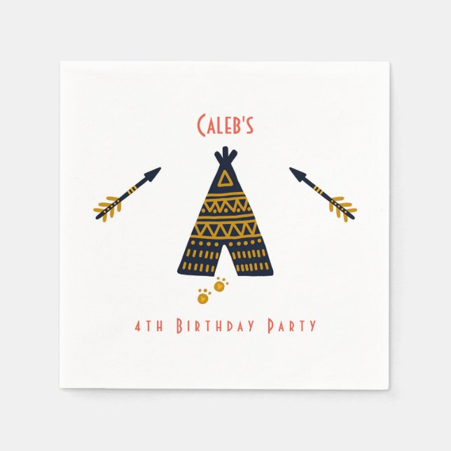 Blue & Gold Tepee Boho Any Age Birthday Party Paper Napkins (Front)
