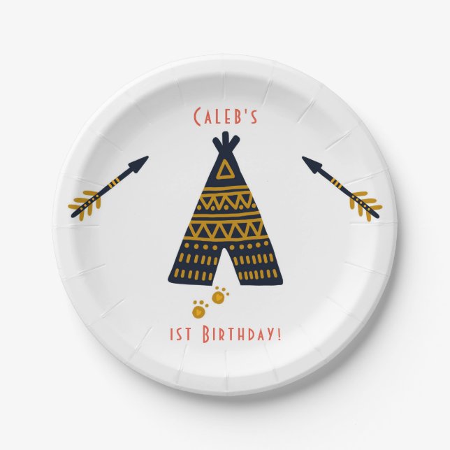Blue & Gold Tepee Boho Any Age Birthday Party Paper Plates (Front)