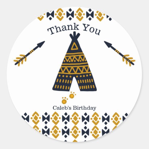 Blue  Gold Tepee Modern Birthday Party Favor Classic Round Sticker