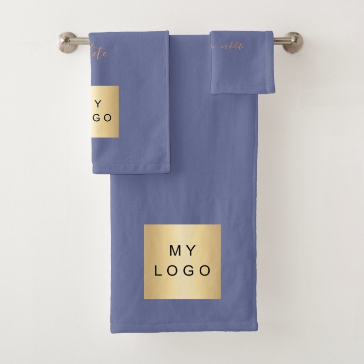 Blue gold text company business logo bath towel set Zazzle