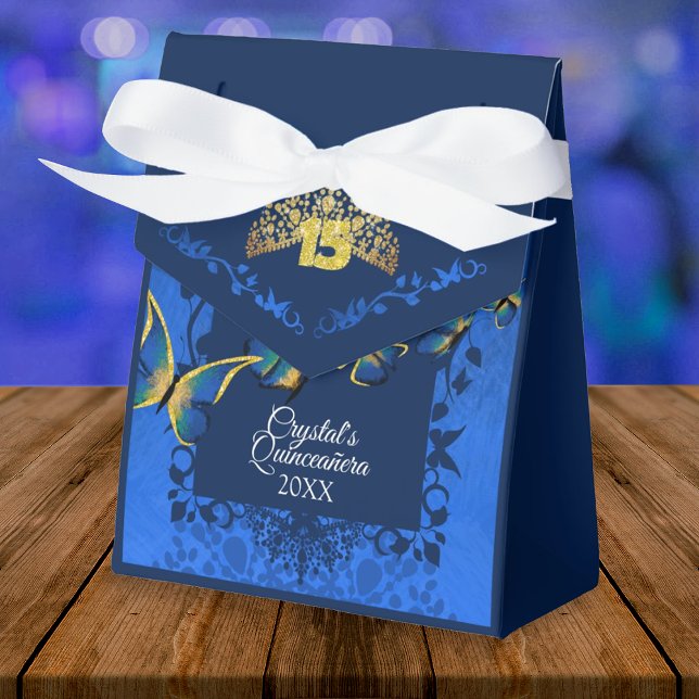 Blue, Gold Tiara Butterfly Quinceanera Favor Box (royal blue quinceanera gift bag party favor personalized gift box blue gold butterfliy)