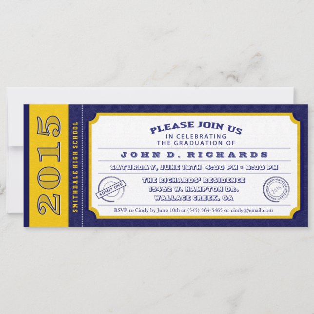 Blue & Gold Ticket Graduation Party Invitation (Front)