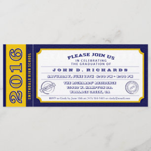 Blue & Gold Ticket Graduation Party Invitation
