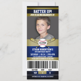 Blue|Gold Ticket Style Baseball Birthday Party Invitation