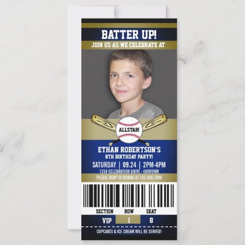 BlueGold Ticket Style Baseball Birthday Party Invitation