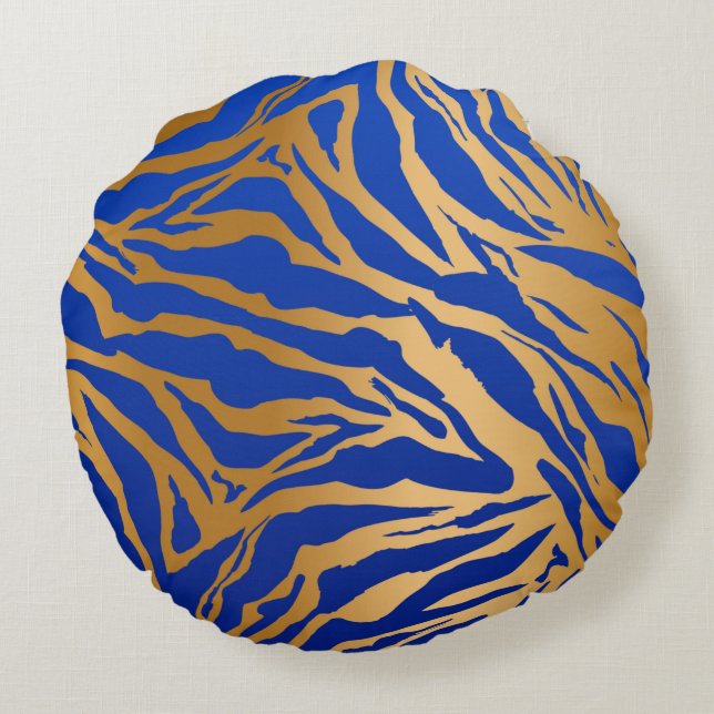 Blue & Gold Tiger Print Round Throw Pillow (Back)